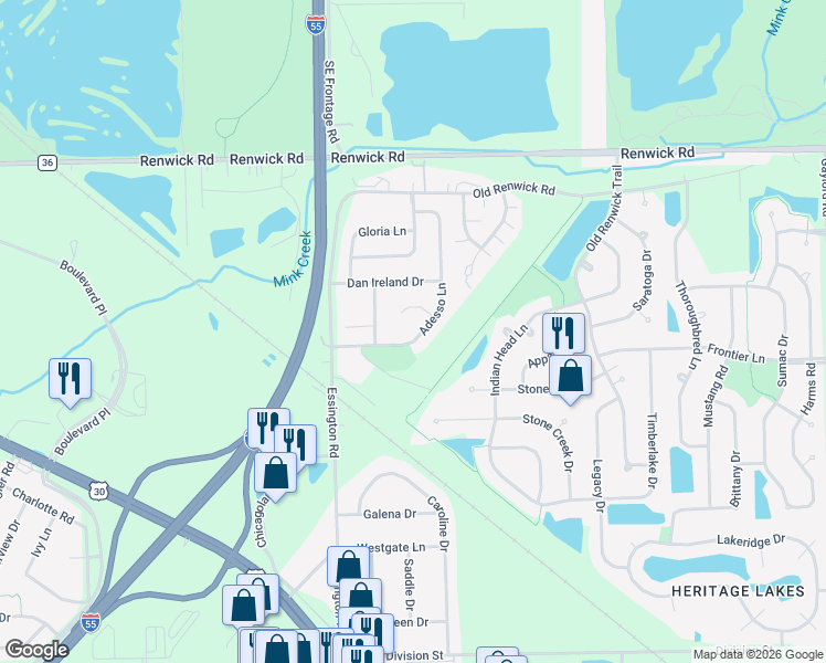 map of restaurants, bars, coffee shops, grocery stores, and more near 3703 Adesso Lane in Joliet