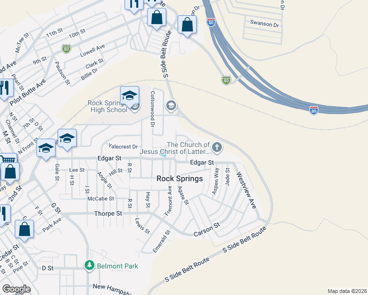 map of restaurants, bars, coffee shops, grocery stores, and more near 1902 Coral St in Rock Springs