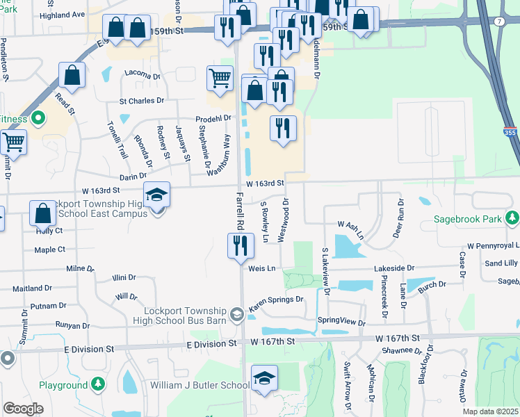 map of restaurants, bars, coffee shops, grocery stores, and more near 16359 South Rowley Lane in Lockport