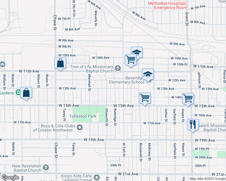 map of restaurants, bars, coffee shops, grocery stores, and more near 1308 Rutledge Street in Gary