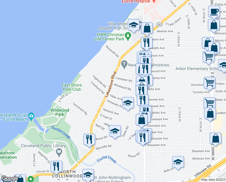 map of restaurants, bars, coffee shops, grocery stores, and more near 18000 Hiller Avenue in Cleveland