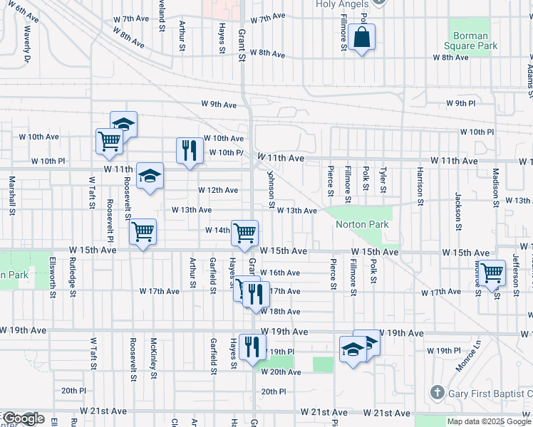map of restaurants, bars, coffee shops, grocery stores, and more near 1332 Johnson Street in Gary