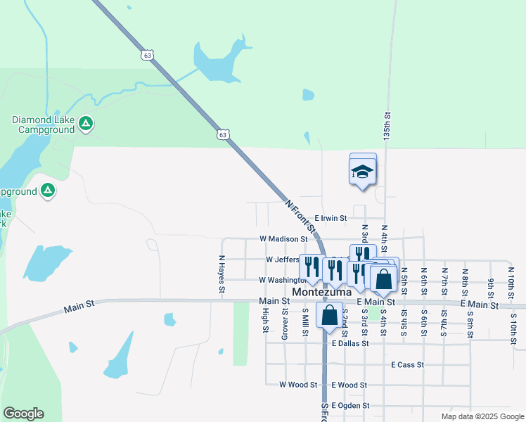 map of restaurants, bars, coffee shops, grocery stores, and more near 301-399 W Madison St in Montezuma