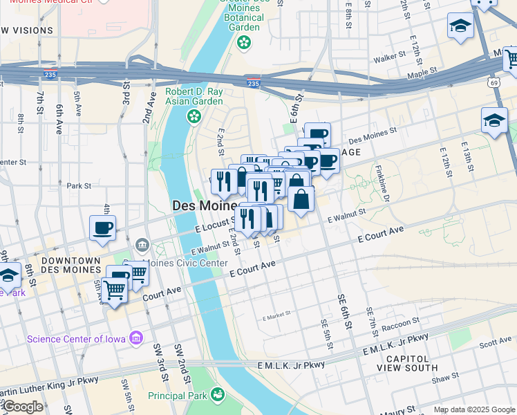 map of restaurants, bars, coffee shops, grocery stores, and more near 301 East Locust Street in Des Moines