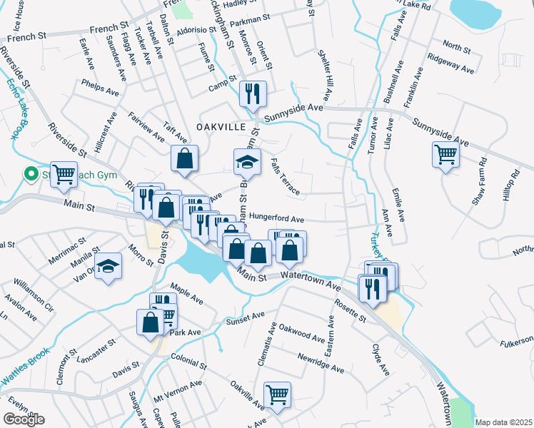 map of restaurants, bars, coffee shops, grocery stores, and more near 37 Hungerford Avenue in Watertown