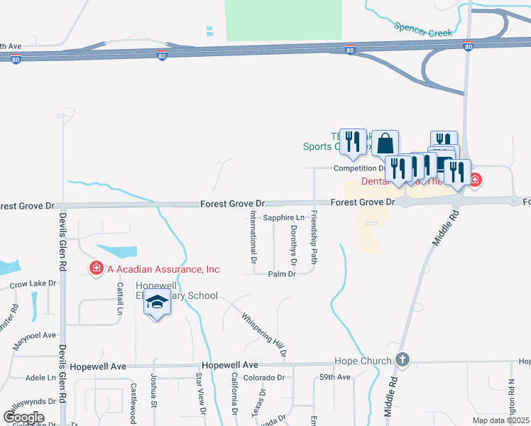 map of restaurants, bars, coffee shops, grocery stores, and more near 4310 Sapphire Lane in Bettendorf