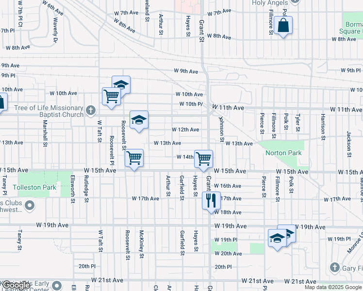 map of restaurants, bars, coffee shops, grocery stores, and more near 1693 West 13th Avenue in Gary