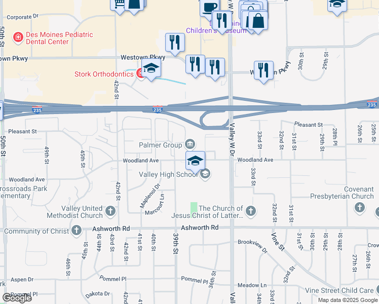 map of restaurants, bars, coffee shops, grocery stores, and more near 3737 Woodland Avenue in West Des Moines