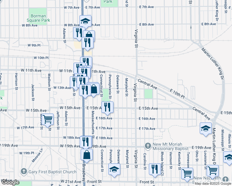 map of restaurants, bars, coffee shops, grocery stores, and more near 1339-1405 Pennsylvania Street in Gary