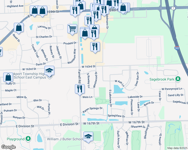 map of restaurants, bars, coffee shops, grocery stores, and more near 16355 Westwood Drive in Lockport