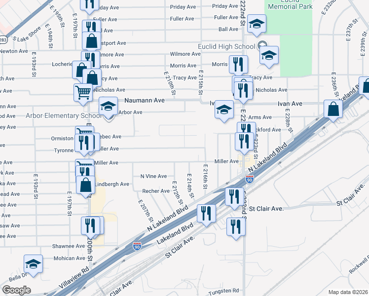 map of restaurants, bars, coffee shops, grocery stores, and more near 21321 Goller Avenue in Euclid