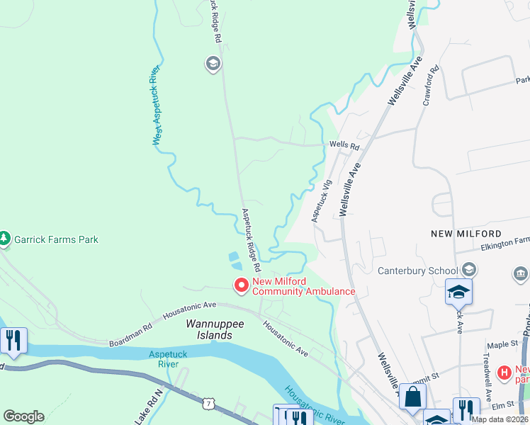 map of restaurants, bars, coffee shops, grocery stores, and more near 10 Two Rivers Lane in New Milford