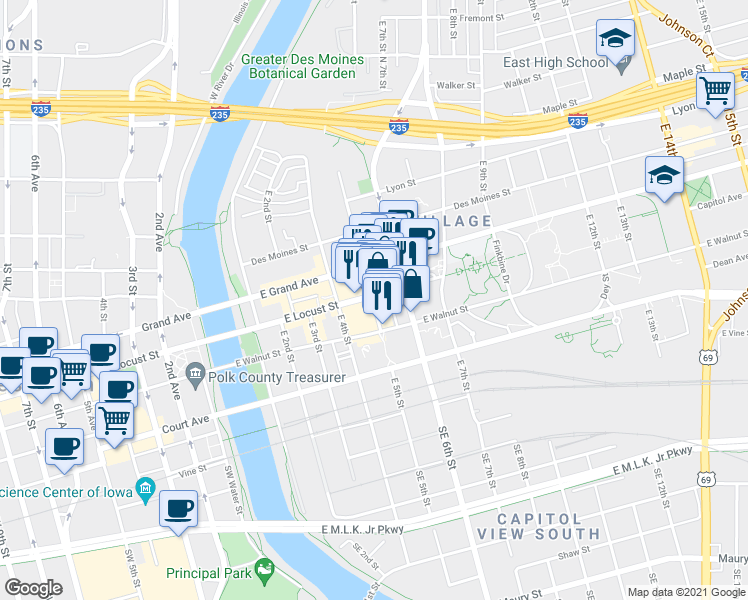 map of restaurants, bars, coffee shops, grocery stores, and more near 309 East 5th Street in Des Moines