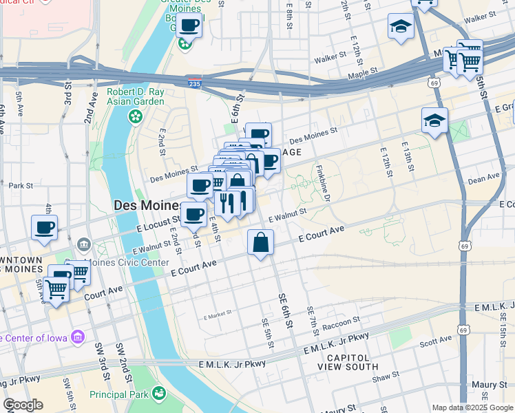 map of restaurants, bars, coffee shops, grocery stores, and more near East 6th Street in Des Moines