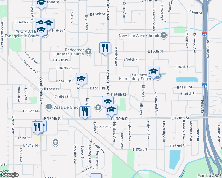 map of restaurants, bars, coffee shops, grocery stores, and more near 822 East 169th Street in South Holland