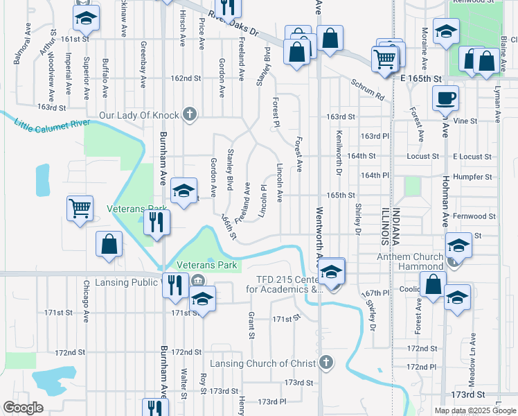 map of restaurants, bars, coffee shops, grocery stores, and more near 1528 Lincoln Place in Calumet City