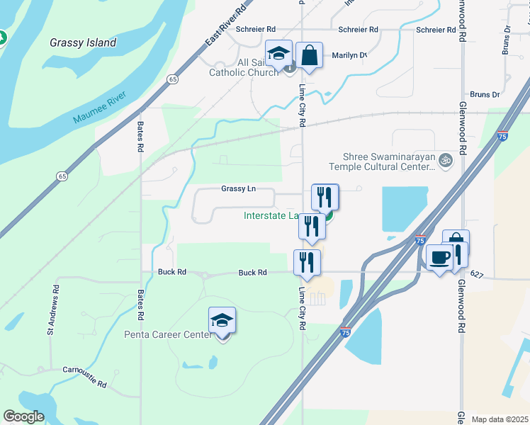 map of restaurants, bars, coffee shops, grocery stores, and more near 1231 Grassy Court in Rossford