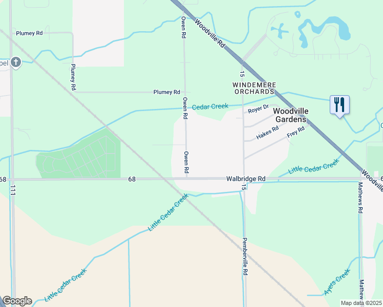 map of restaurants, bars, coffee shops, grocery stores, and more near 1609 Owen Road in Northwood