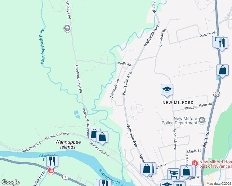 map of restaurants, bars, coffee shops, grocery stores, and more near 11 Aspetuck Village in New Milford