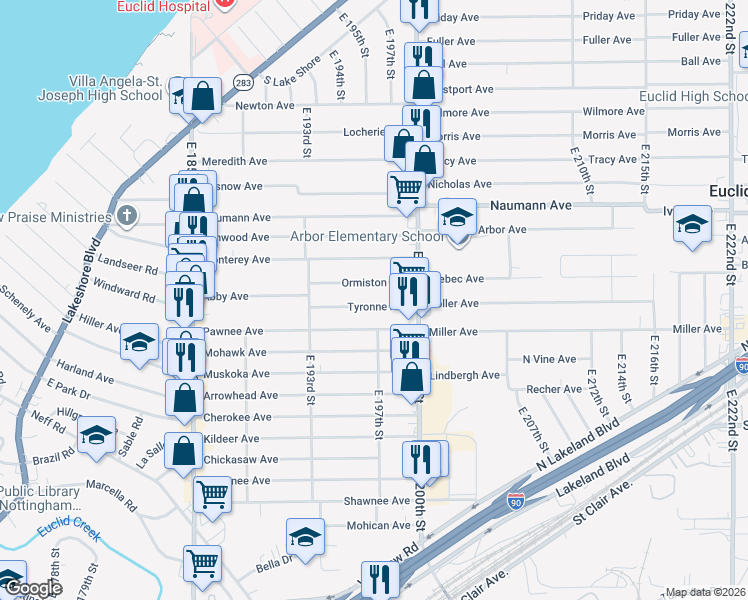 map of restaurants, bars, coffee shops, grocery stores, and more near 19711 Pawnee Avenue in Cleveland