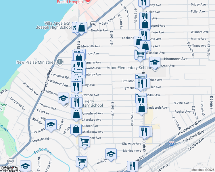 map of restaurants, bars, coffee shops, grocery stores, and more near 19013 Pawnee Avenue in Cleveland