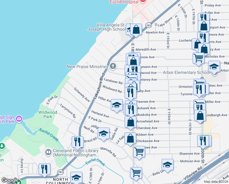 map of restaurants, bars, coffee shops, grocery stores, and more near 18225 Hiller Avenue in Cleveland