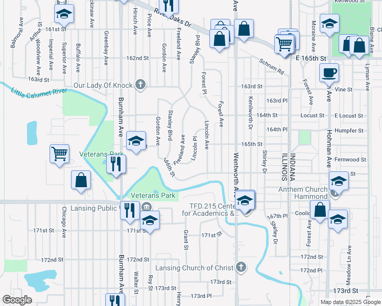 map of restaurants, bars, coffee shops, grocery stores, and more near 1528 Lincoln Place in Calumet City