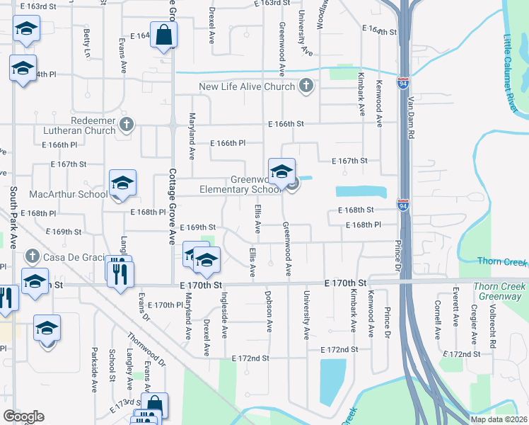map of restaurants, bars, coffee shops, grocery stores, and more near 16848 Ellis Avenue in South Holland