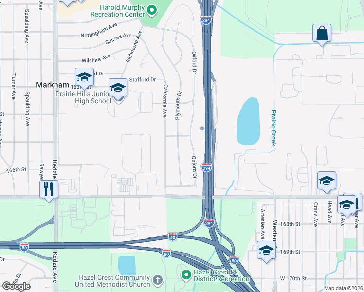 map of restaurants, bars, coffee shops, grocery stores, and more near 16530 Plymouth Drive in Markham