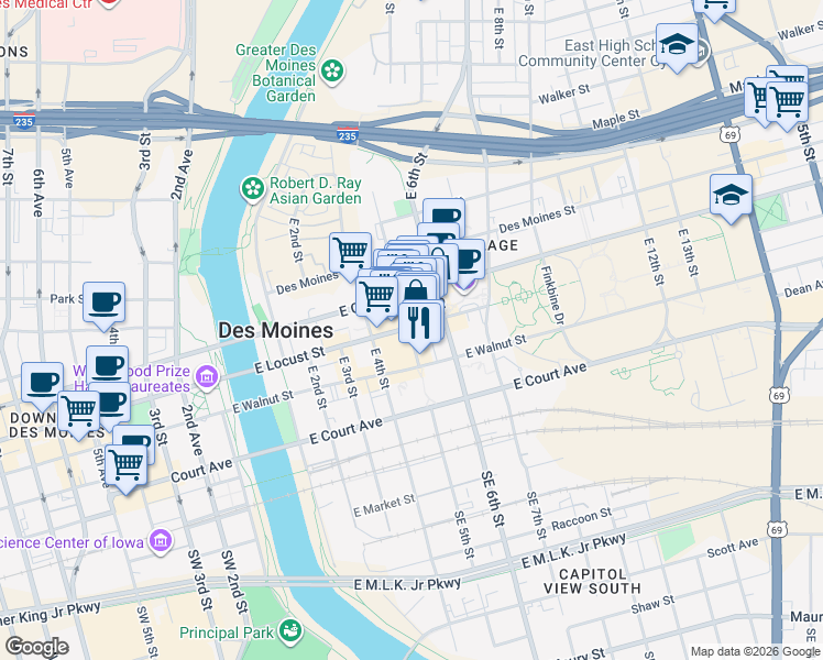 map of restaurants, bars, coffee shops, grocery stores, and more near 309 East 5th Street in Des Moines