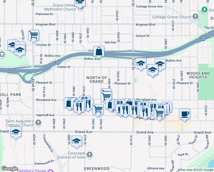 map of restaurants, bars, coffee shops, grocery stores, and more near 667 34th Street in Des Moines