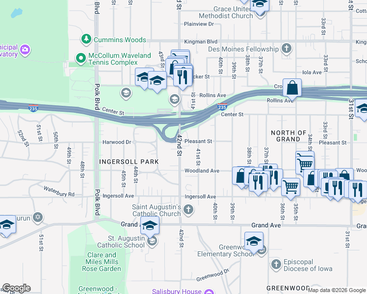 map of restaurants, bars, coffee shops, grocery stores, and more near 664 41st Street in Des Moines