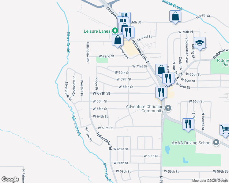map of restaurants, bars, coffee shops, grocery stores, and more near 2915 West 67th Street in Davenport