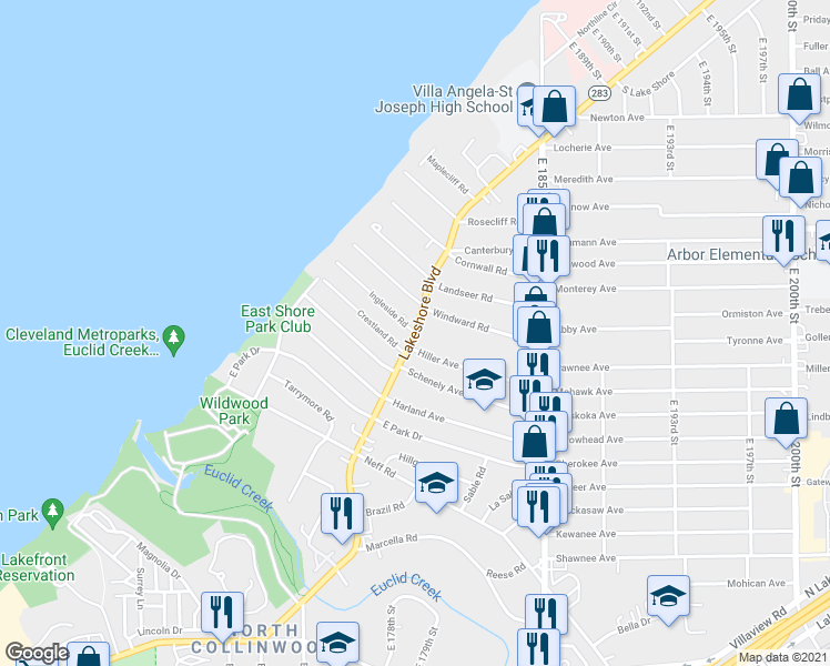 map of restaurants, bars, coffee shops, grocery stores, and more near Lakeshore Blvd & Ingleside Rd in Cleveland