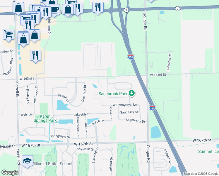 map of restaurants, bars, coffee shops, grocery stores, and more near 16255 Wirestem Drive in Lockport