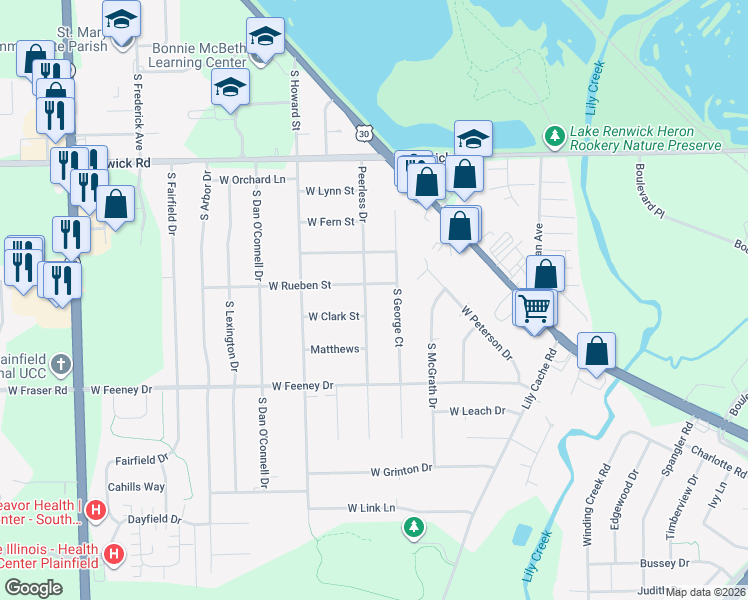 map of restaurants, bars, coffee shops, grocery stores, and more near 16154 South George Court in Plainfield