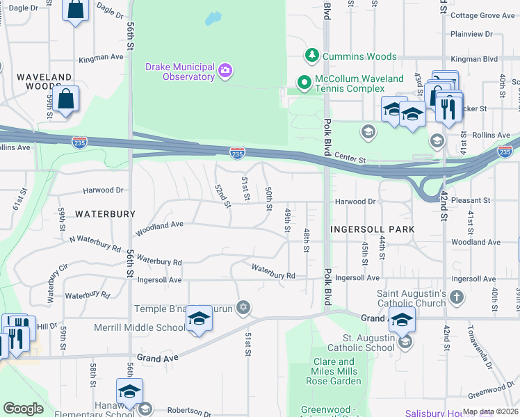 map of restaurants, bars, coffee shops, grocery stores, and more near 4933 Woodland Avenue in Des Moines