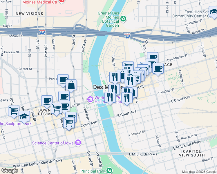 map of restaurants, bars, coffee shops, grocery stores, and more near in Des Moines