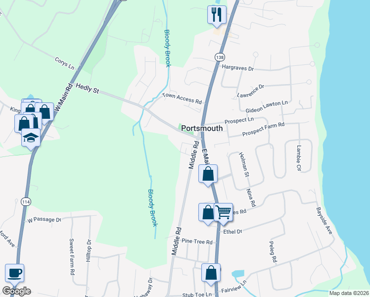 map of restaurants, bars, coffee shops, grocery stores, and more near 51 Middle Road in Portsmouth