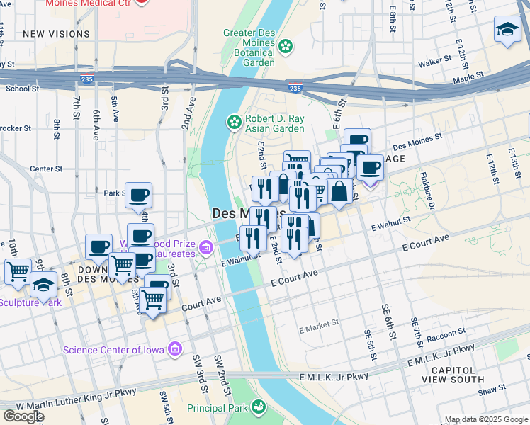 map of restaurants, bars, coffee shops, grocery stores, and more near 295 East 2nd Street in Des Moines