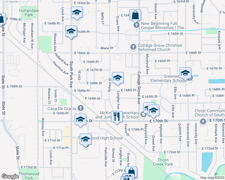 map of restaurants, bars, coffee shops, grocery stores, and more near 640 East 168th Place in South Holland