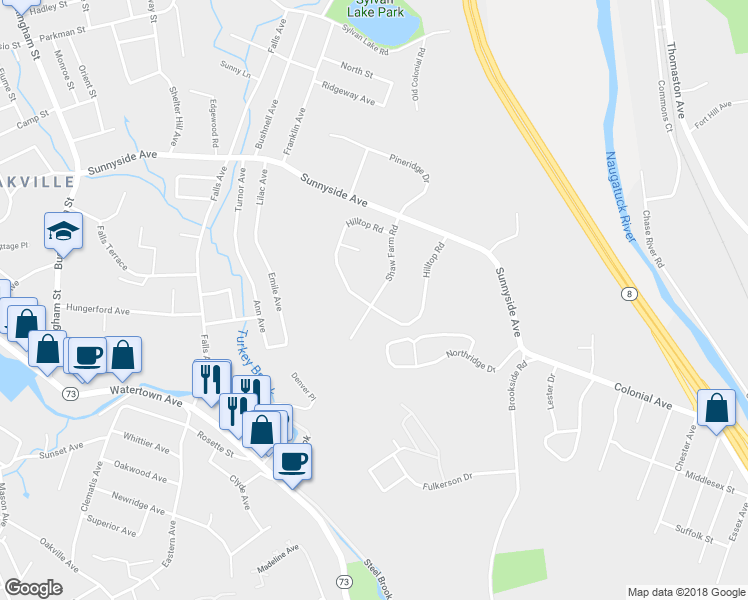 map of restaurants, bars, coffee shops, grocery stores, and more near Shaw Farm Road in Watertown