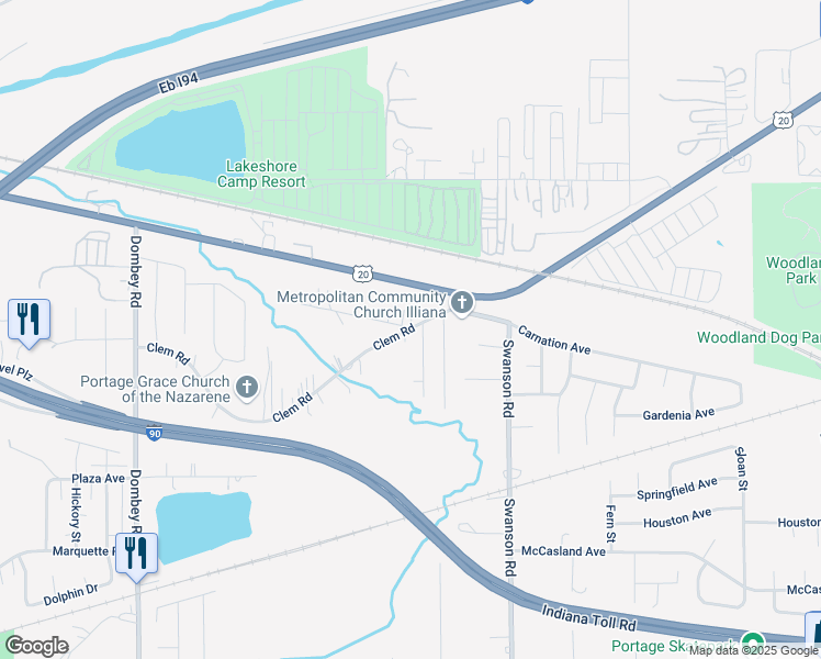 map of restaurants, bars, coffee shops, grocery stores, and more near 5577 Clem Road in Portage
