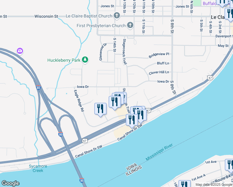 map of restaurants, bars, coffee shops, grocery stores, and more near 809 Falcon Dr in Le Claire