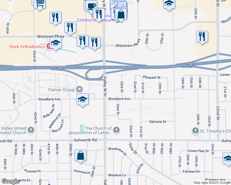 map of restaurants, bars, coffee shops, grocery stores, and more near 3375 Woodland Avenue in West Des Moines
