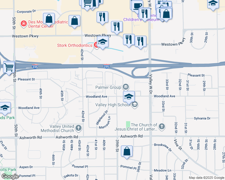map of restaurants, bars, coffee shops, grocery stores, and more near 3901 Woodland Avenue in West Des Moines