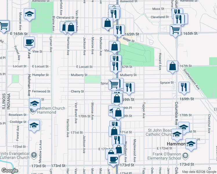 map of restaurants, bars, coffee shops, grocery stores, and more near 730 Cherry Street in Hammond