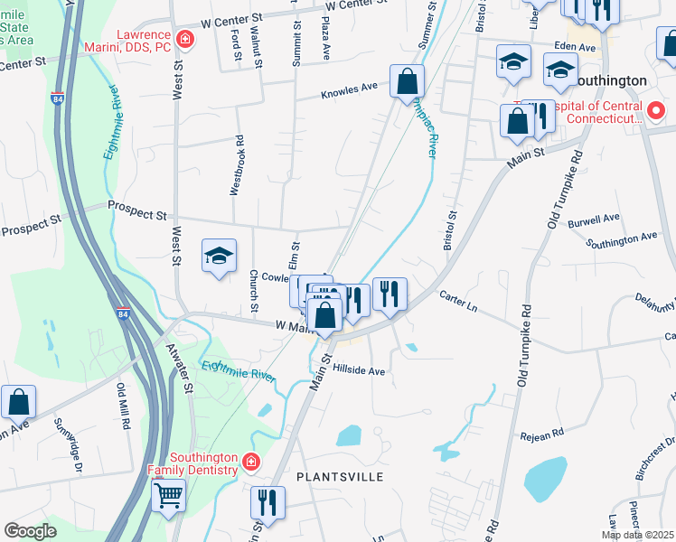 map of restaurants, bars, coffee shops, grocery stores, and more near 379 Summer Street in Southington