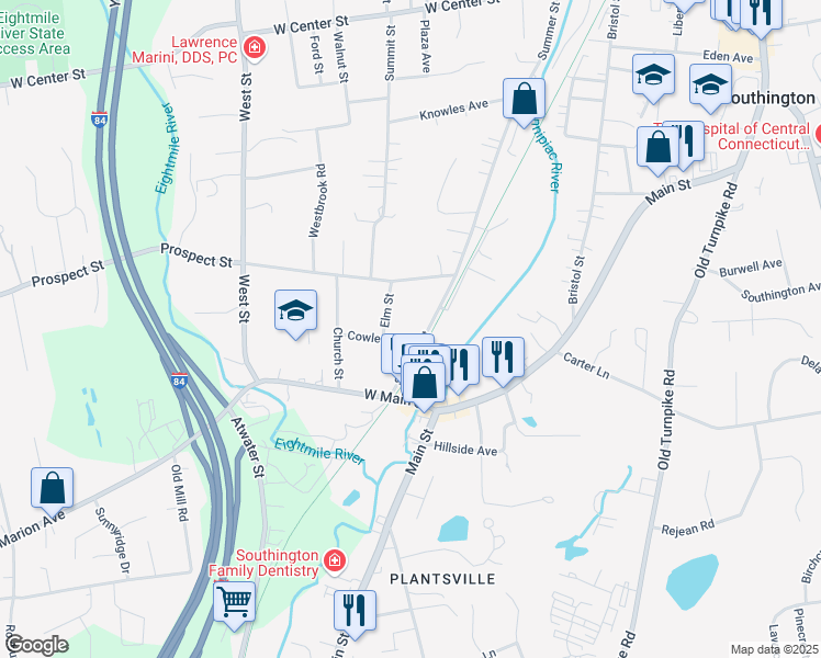 map of restaurants, bars, coffee shops, grocery stores, and more near 411 Summer Street in Southington