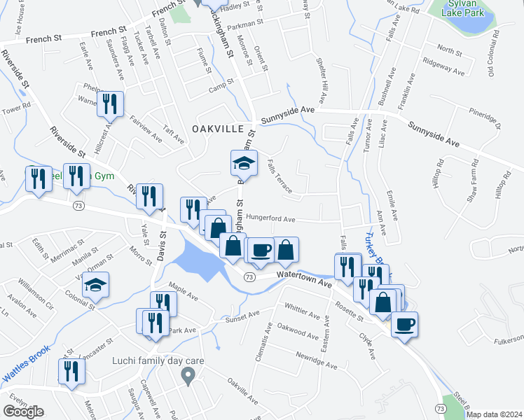 map of restaurants, bars, coffee shops, grocery stores, and more near 37 Hungerford Avenue in Watertown